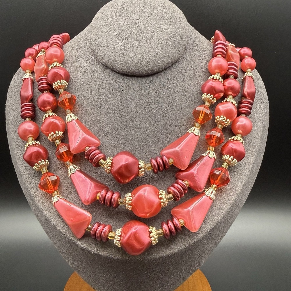 Vintage Japan Red & Pink 3 Strand Beaded Necklace Chunky Mid Century Statement